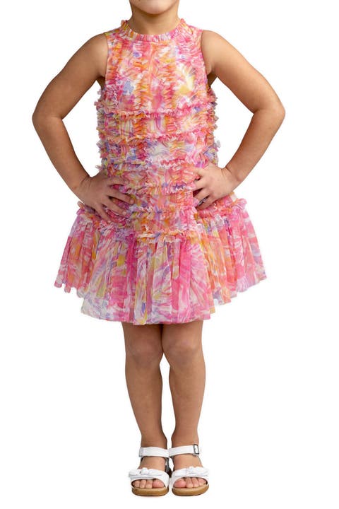 Girls Floral High Neck Sleeveless Ruffled Dress