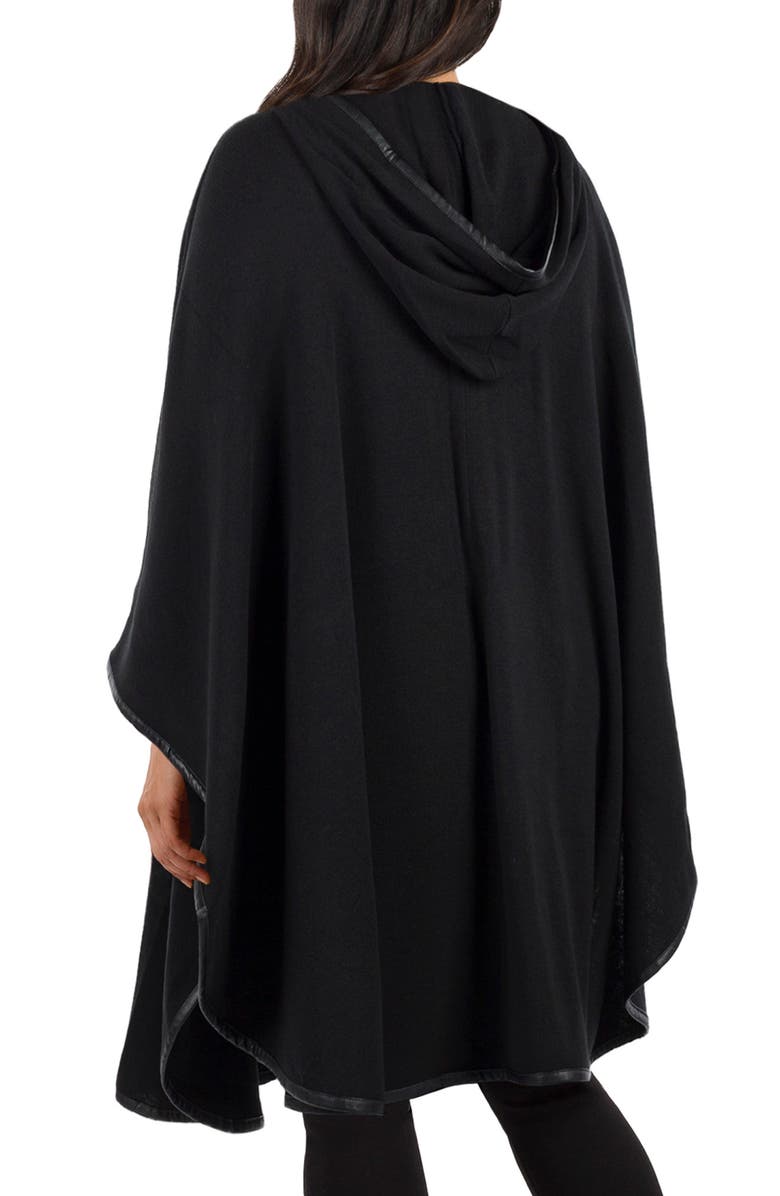 Patricia Nash Hooded Faux Leather Trim Cable Knit Cape, Alternate, color, Black