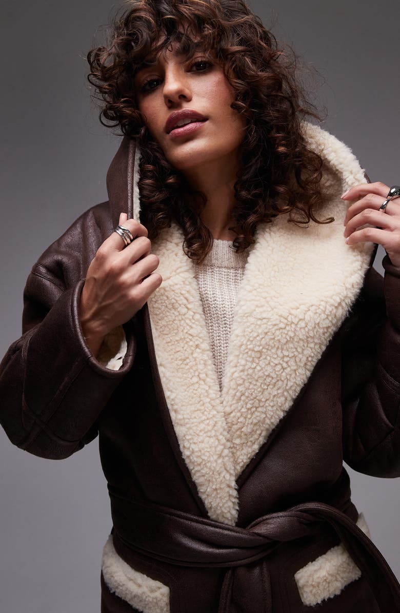 Topshop Belted Faux Shearling Jacket, Alternate, color, 
