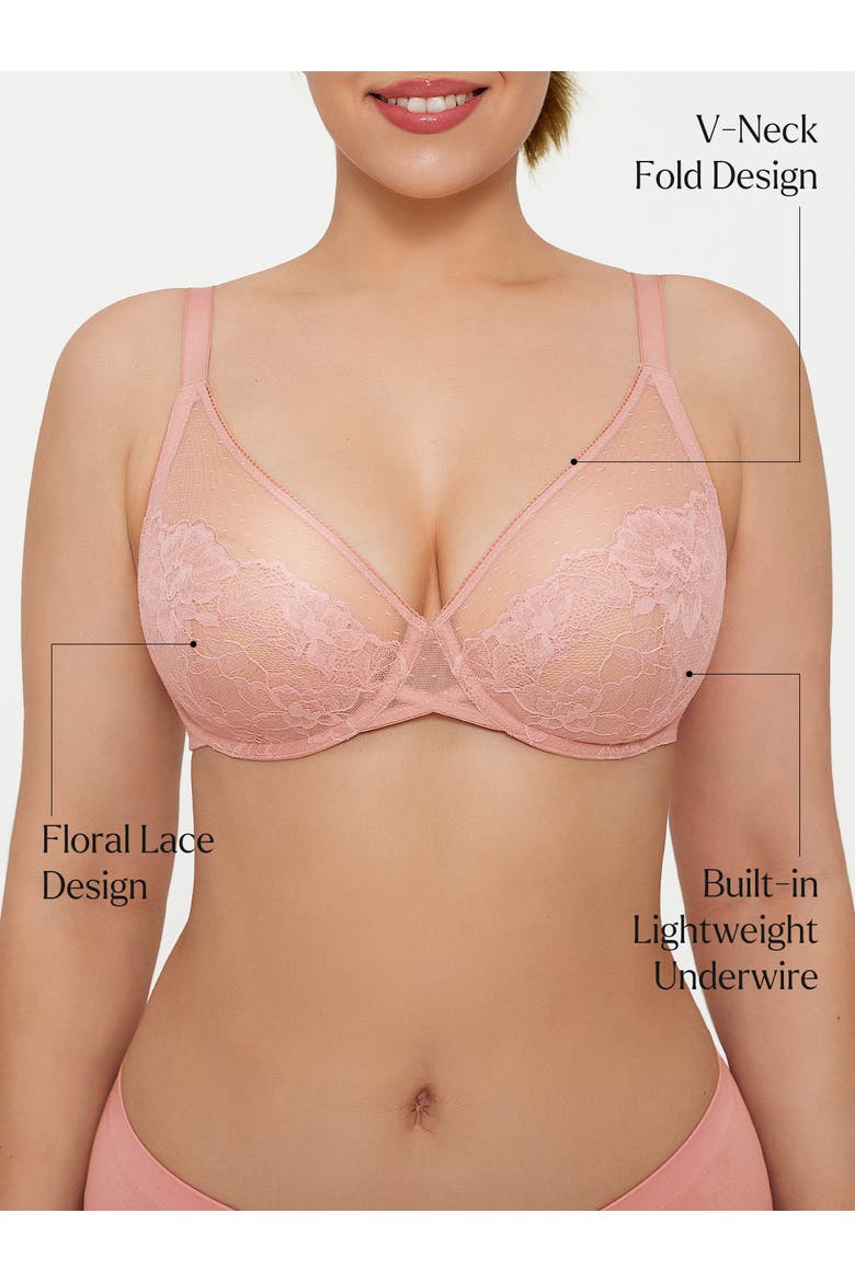 Lightweight Underwire Minimizer Lace Mesh Bra, Alternate, color, Blush
