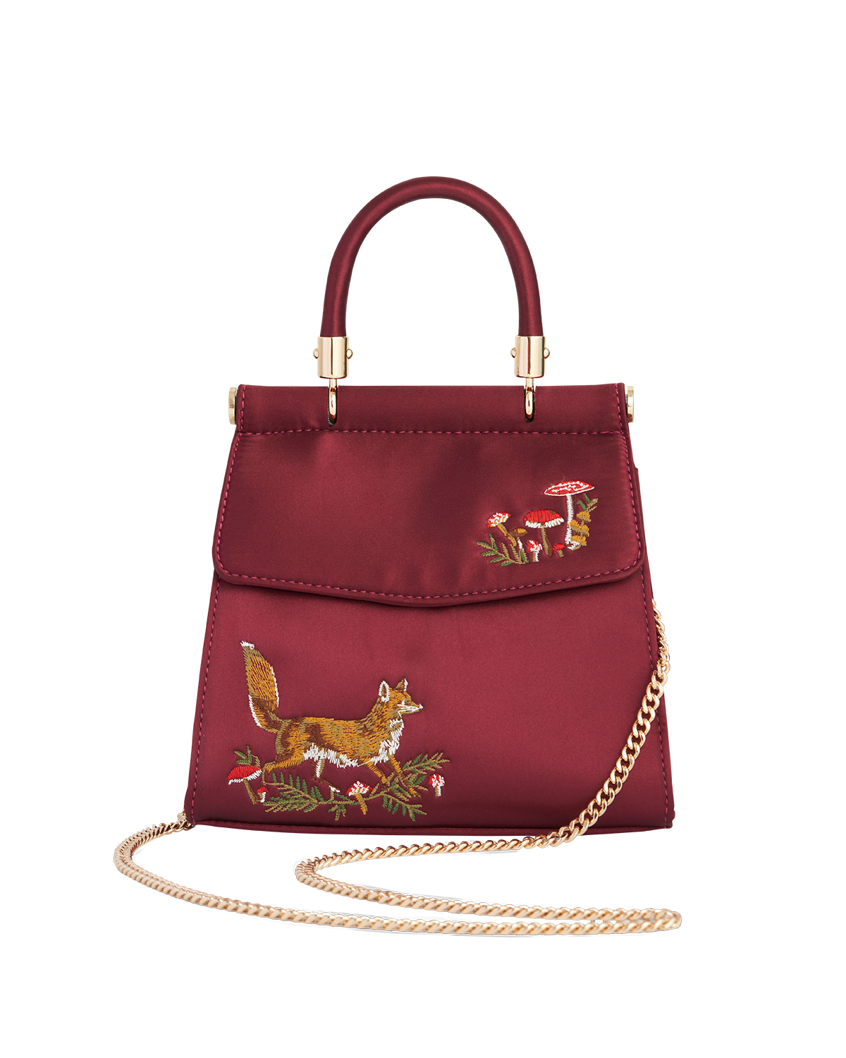 Fable England Fox & Mushroom Embroidered Burgundy Satin Tote, Alternate, color, Red