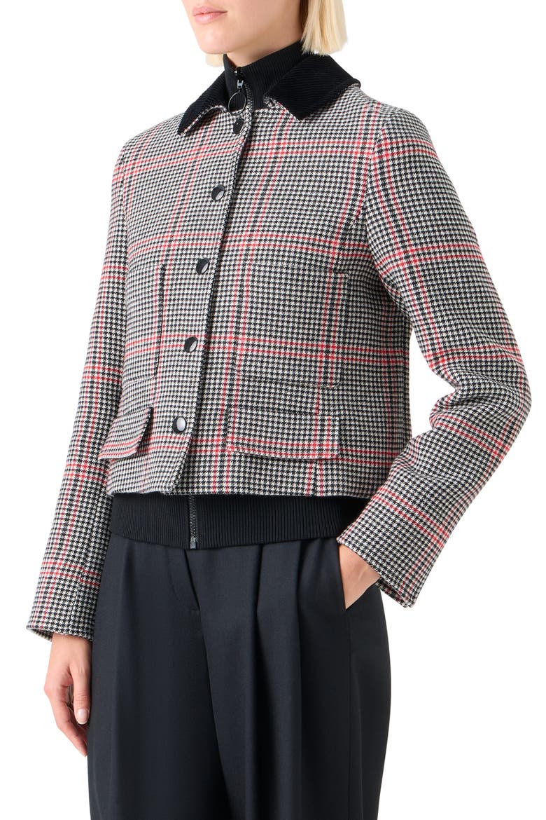 Glen Plaid Virgin Wool Crop Jacket, Alternate, color, BLACK-CREAM-VERMILLION