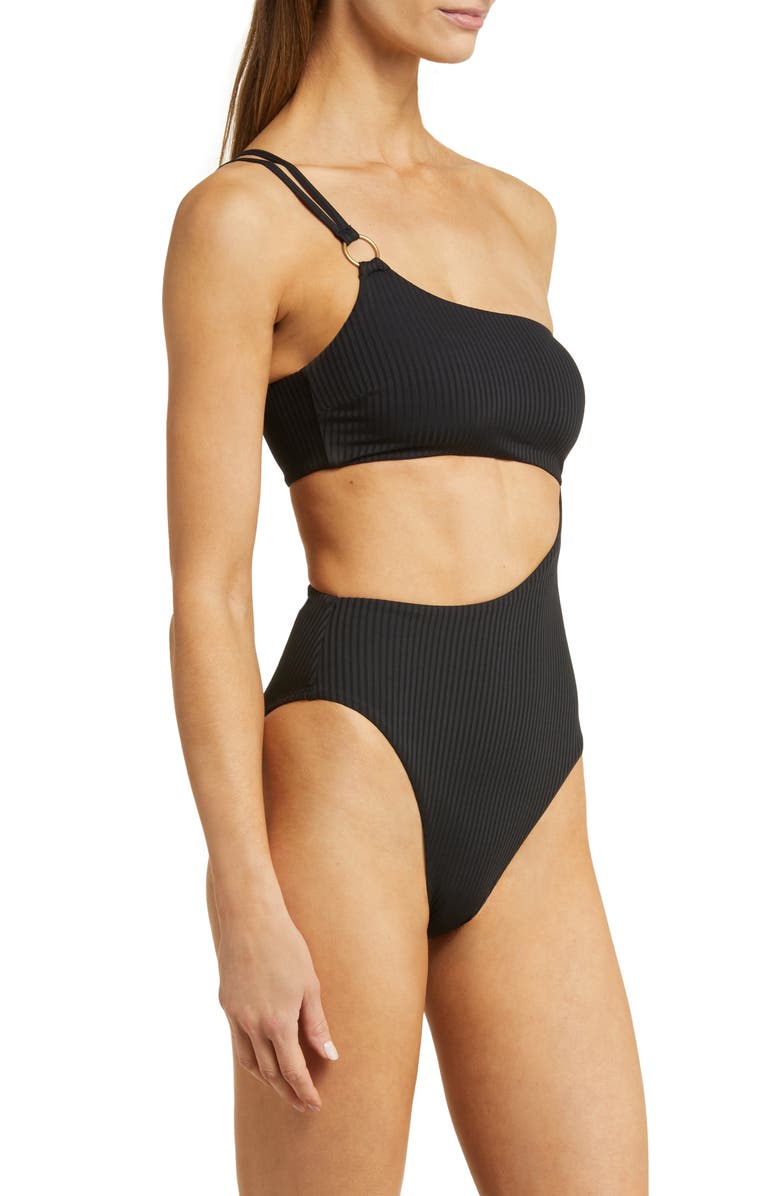 Vitamin A<sup>®</sup> Cosmo Cutout One-Shoulder Rib One-Piece Swimsuit, Alternate, color, Black Ecorib