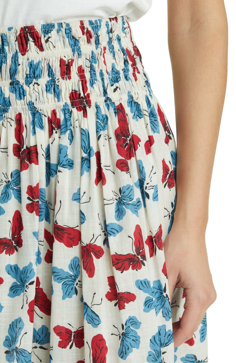 THE GREAT. The Viola Butterfly Smocked Waist Cotton Midi Skirt, Alternate, color,