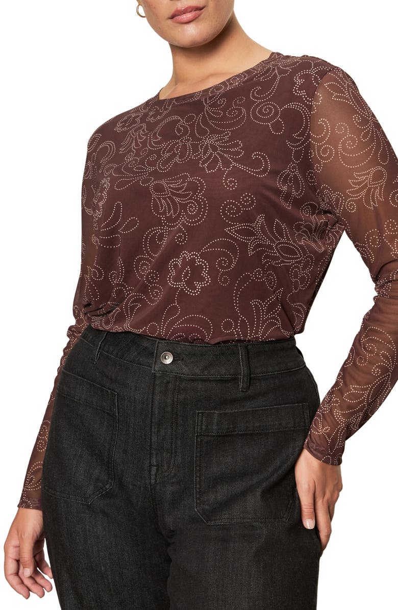 Sanctuary Perfect Floral Long Sleeve Mesh T-Shirt, Alternate, color, Boheme Brown