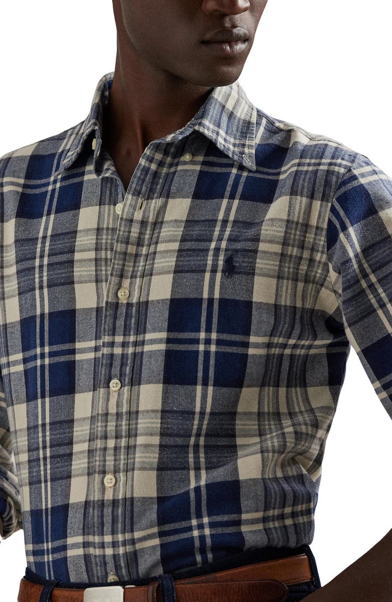 Polo Ralph Lauren Classic Fit Brushed Plaid Cotton Button-Down Oxford Shirt, Alternate, color, Off White Navy Multi
