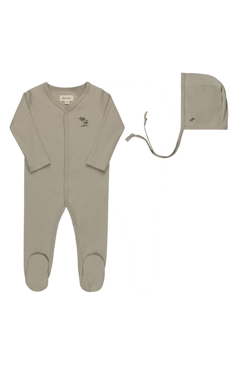 Ely's & Co. Embroidered Palm Trees Collection - Baby Boy Footie and Bonnet, Main, color, Sage