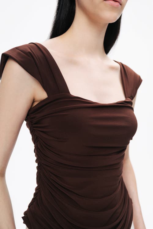 Nocturne Thick Strap Draped Detail Blouse In Dark Brown
