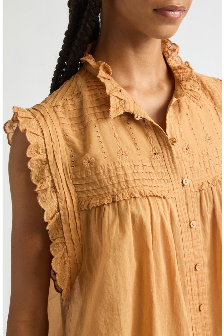 Dersia Embroidery & Pleat Detail Sleeveless Cotton Button-Up Shirt, Alternate, color, CARAMEL