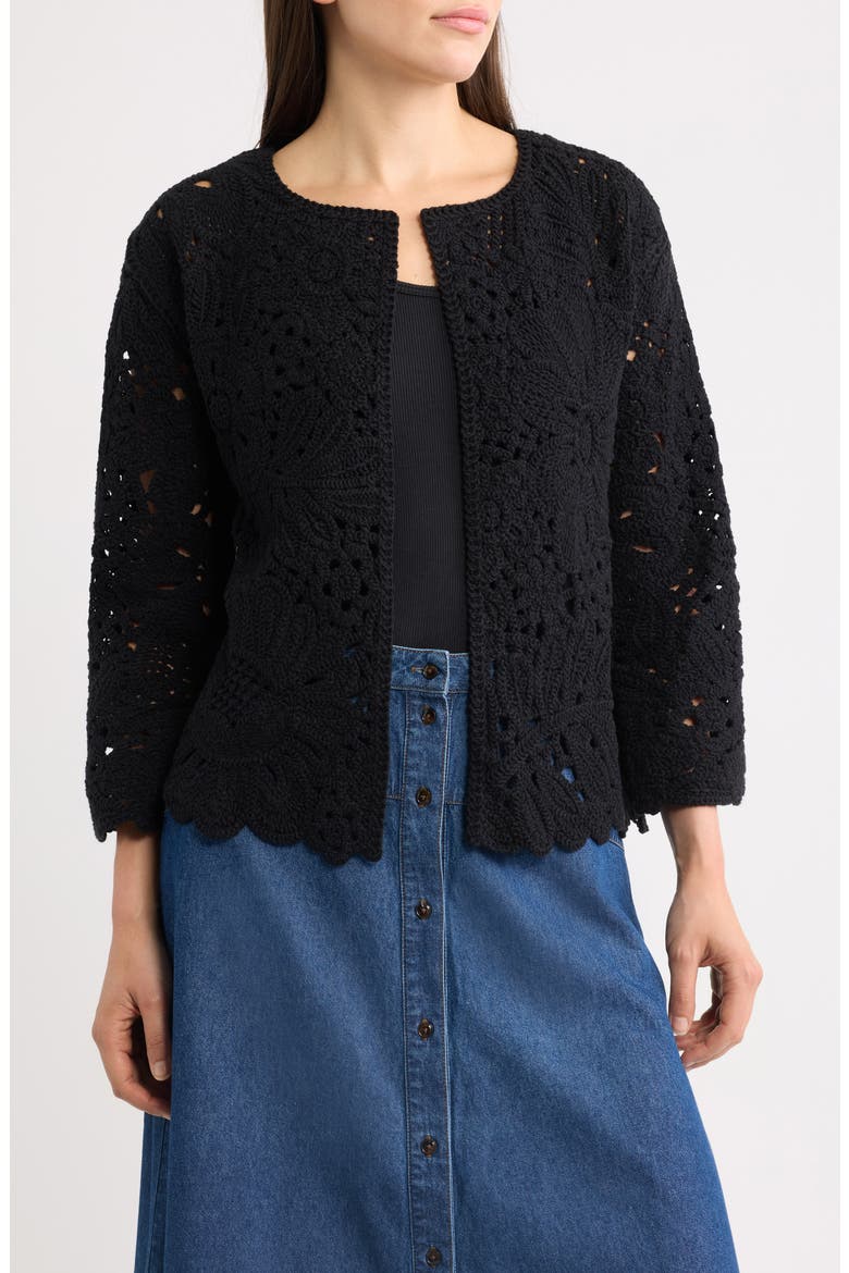 Openwork Floral Cotton Cardigan, Main, color, ANNE BLACK