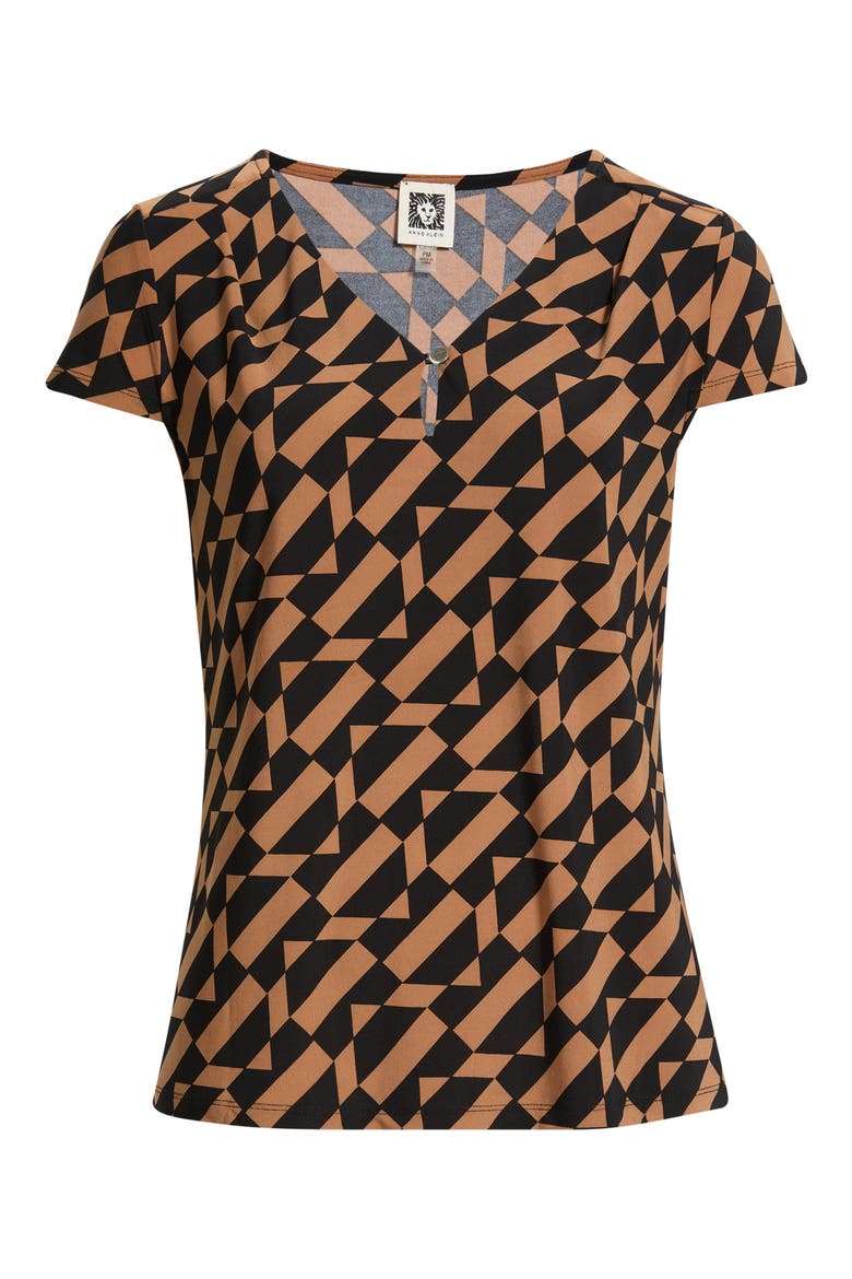 Geometric Cap Sleeve Pleat Neck Top, Alternate, color, ANNE BLACK/ VICUNA