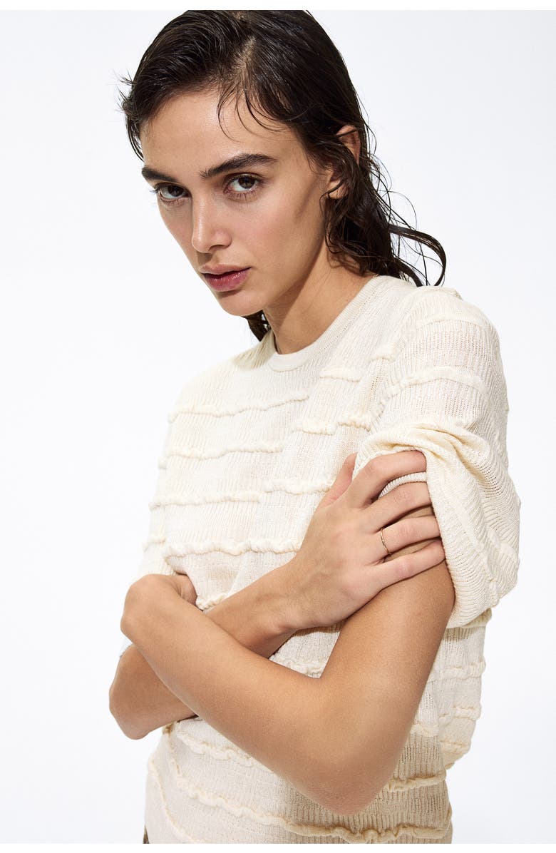 H&M Frill-trimmed Knitted Top, Alternate, color, Cream