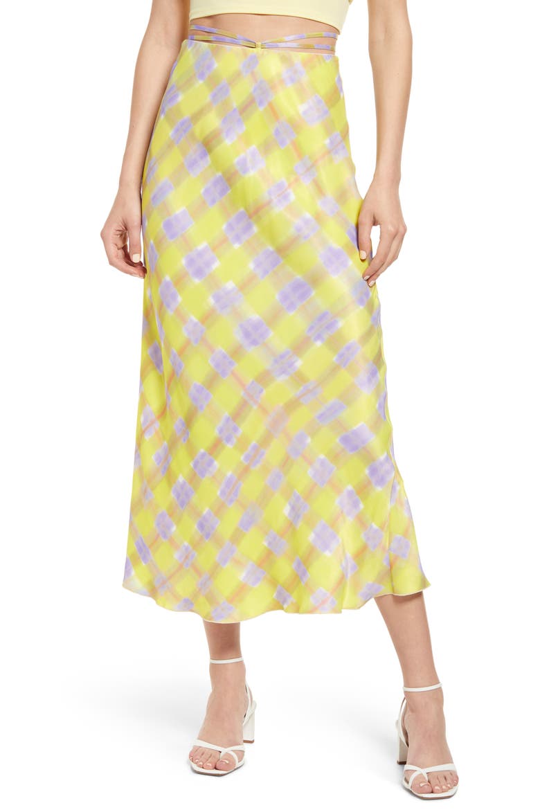 Check Tie Waist Satin Midi Skirt, Main, color, YELLOW CHECK