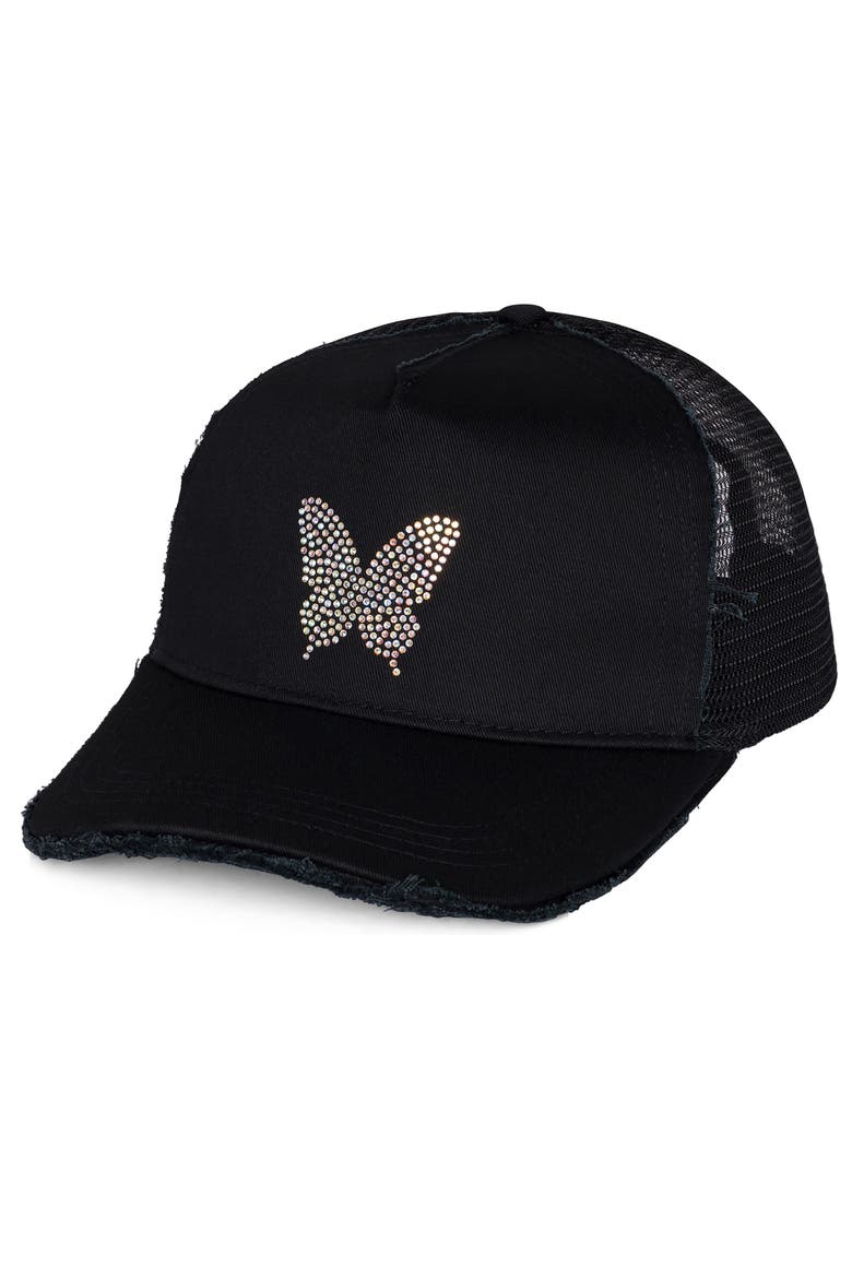 Jilly Crystal Mini Butterfly Trucker Hat, Main, color, Black