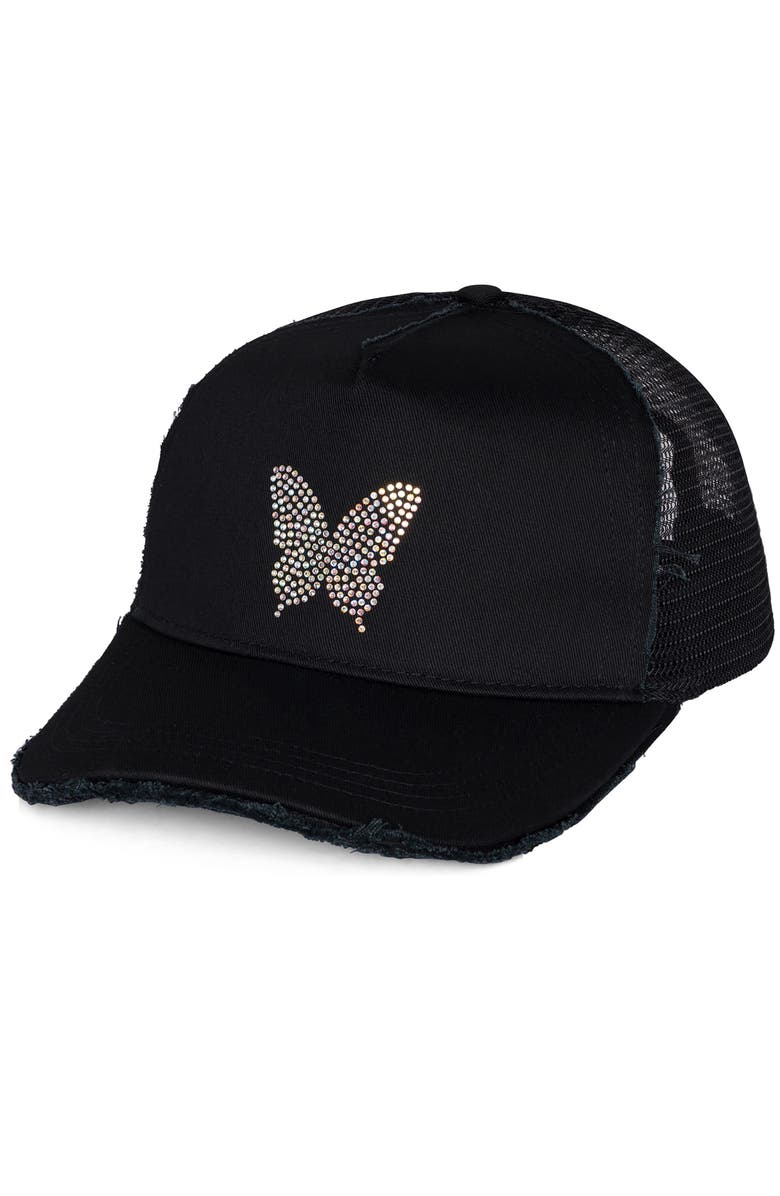 Lauren Moshi Jilly Crystal Mini Butterfly Trucker Hat, Main, color, Black