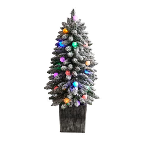 3-ft Flocked Highland Fir Artificial Christmas Tree with 127 Bendable Branches and 20 LED Globe Lights in Decorative Planter