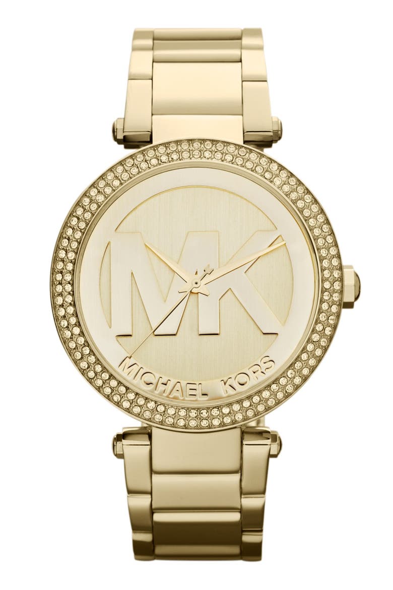 Michael Kors Parker Logo Dial Bracelet Watch, 39mm, Main, color, GOLD