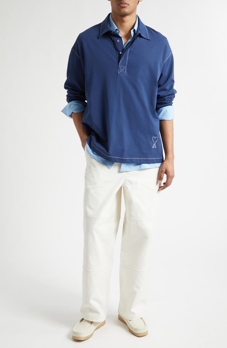 AMI PARIS Oversize Long Sleeve Polo, Alternate, color, Encre