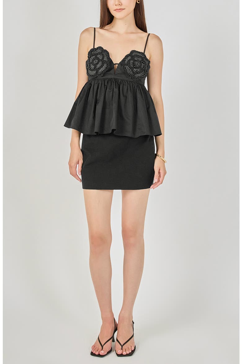 Floral Appliqu Babydoll Top, Alternate, color, BLACK
