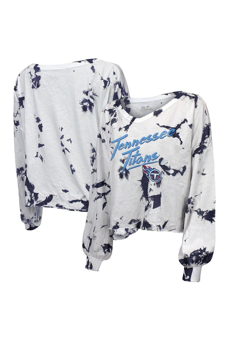 Women's Majestic Threads White/Navy Tennessee Titans Off-Shoulder Tie-Dye V-Neck Long Sleeve T-Shirt, Main, color, White