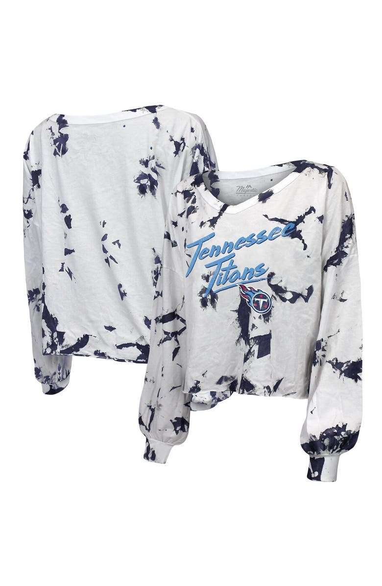 Majestic Threads Women's Majestic Threads White/Navy Tennessee Titans Off-Shoulder Tie-Dye V-Neck Long Sleeve T-Shirt, Main, color, White
