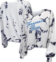 Majestic Threads Women's Majestic Threads White/Navy Tennessee Titans Off-Shoulder Tie-Dye V-Neck Long Sleeve T-Shirt