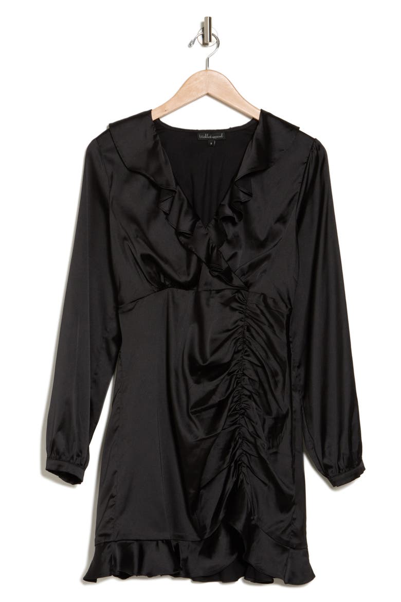Side Ruched Long Sleeve Babydoll Dress, Alternate, color, BLACK