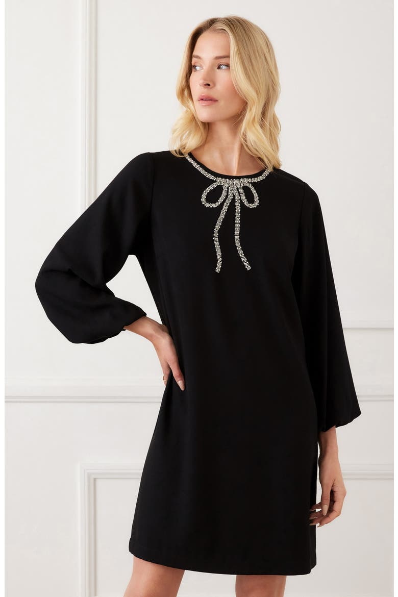 Embellished Bow Long Sleeve Shift Dress, Alternate, color, BLACK