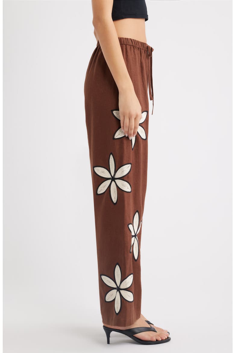 Emmie Embroidered Floral Drawstring Linen Pants, Alternate, color, COCOA FLORAL EMBROIDERY