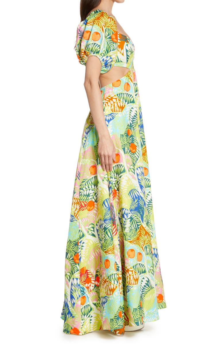 STAUD Coliseum Cutout Puff Sleeve Linen Maxi Dress, Alternate, color, 