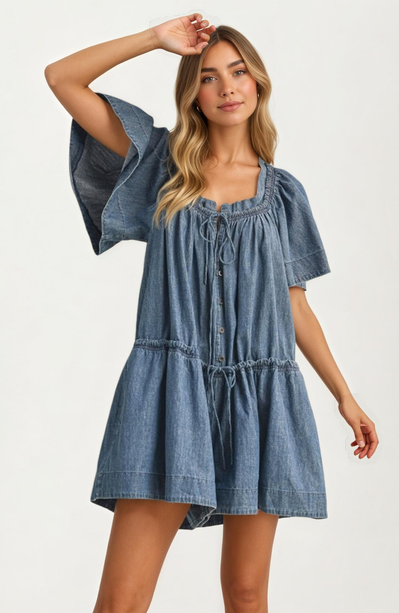 Knit and Lounge Flutter Sleeve Cinched Waist Denim Romper, Alternate, color, 