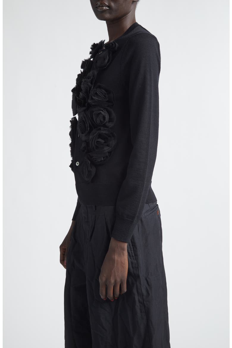 Rosette Appliqué Wool Cardigan, Alternate, color, BLACK
