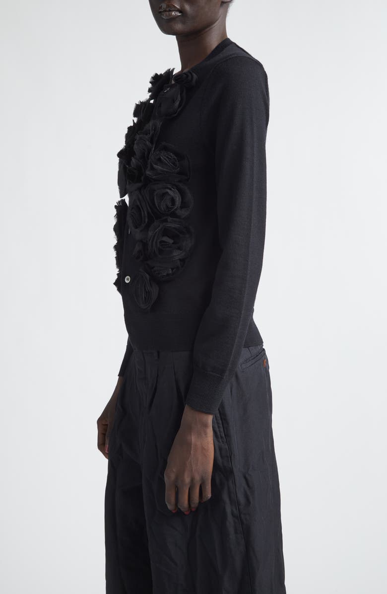 Comme des Garçons Comme des Garçons Rosette Appliqué Wool Cardigan, Alternate, color, Black
