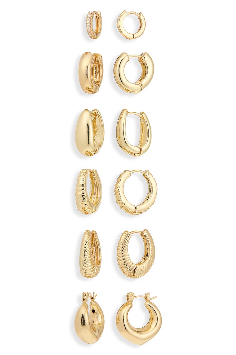 Set of 6 Huggie Hoop Earrings, Main, color, GOLD