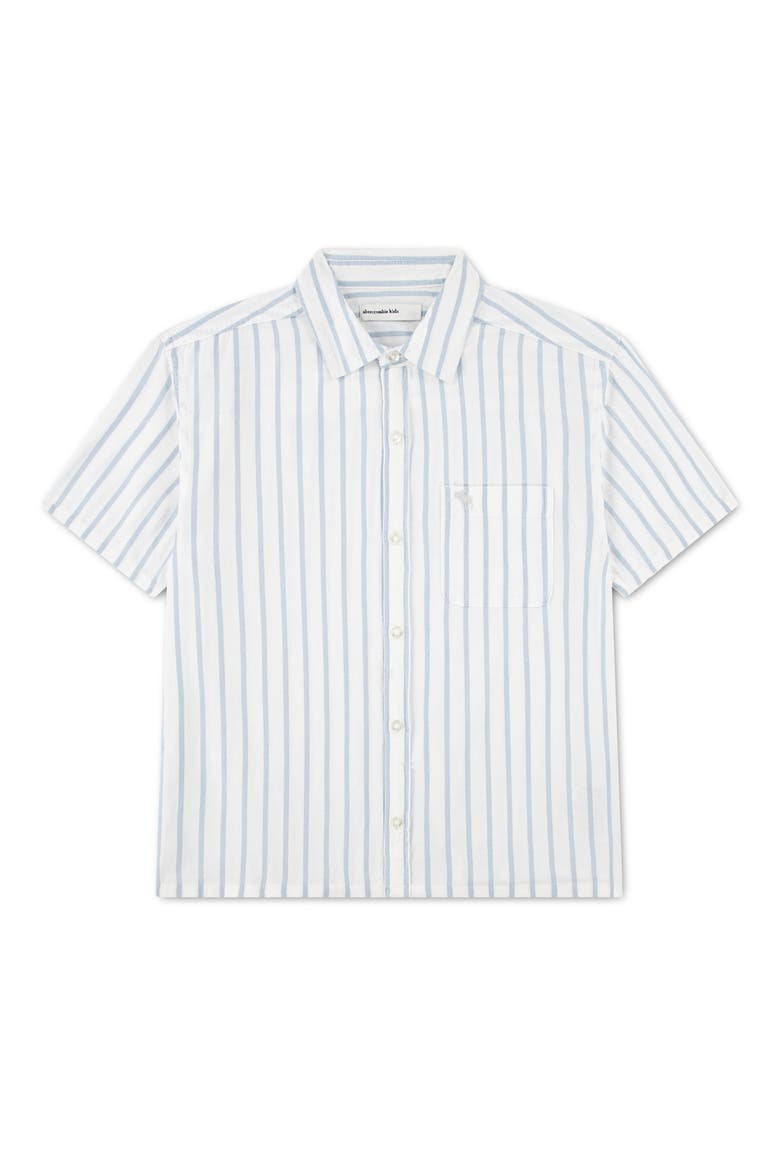 Kids' Oversize Icon Stripe Short Sleeve Cotton Button-Up Shirt, Main, color, BLUE FOG