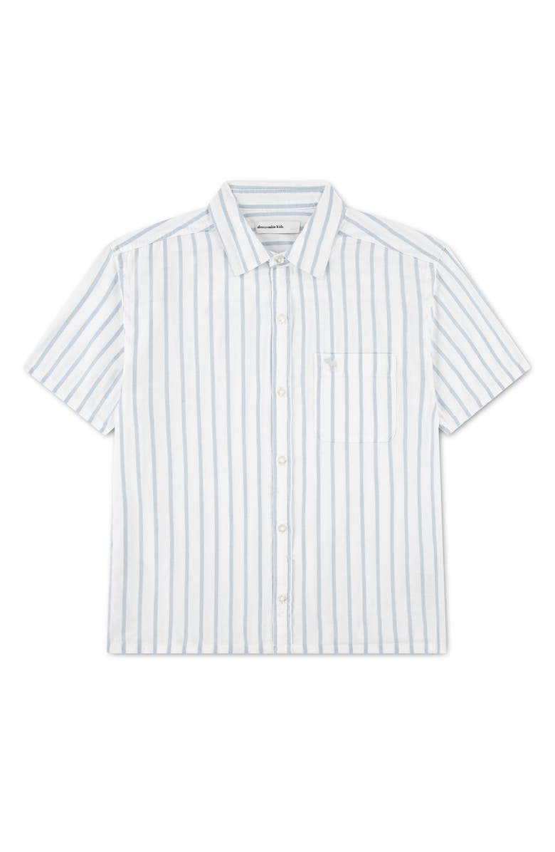 abercrombie kids Kids' Oversize Icon Stripe Short Sleeve Cotton Button-Up Shirt, Main, color, Blue Fog