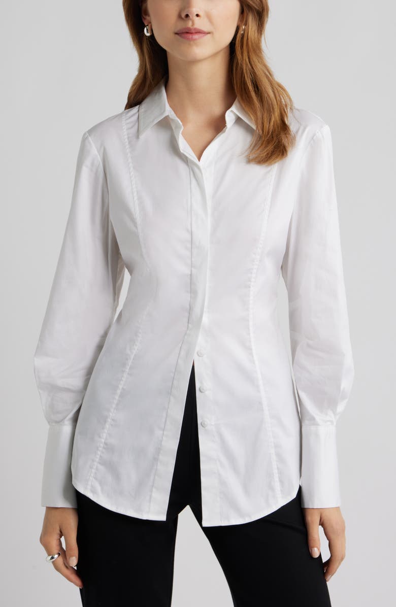 Open Edit Seam Detail Split Back Stretch Cotton Poplin Shirt, Main, color, White