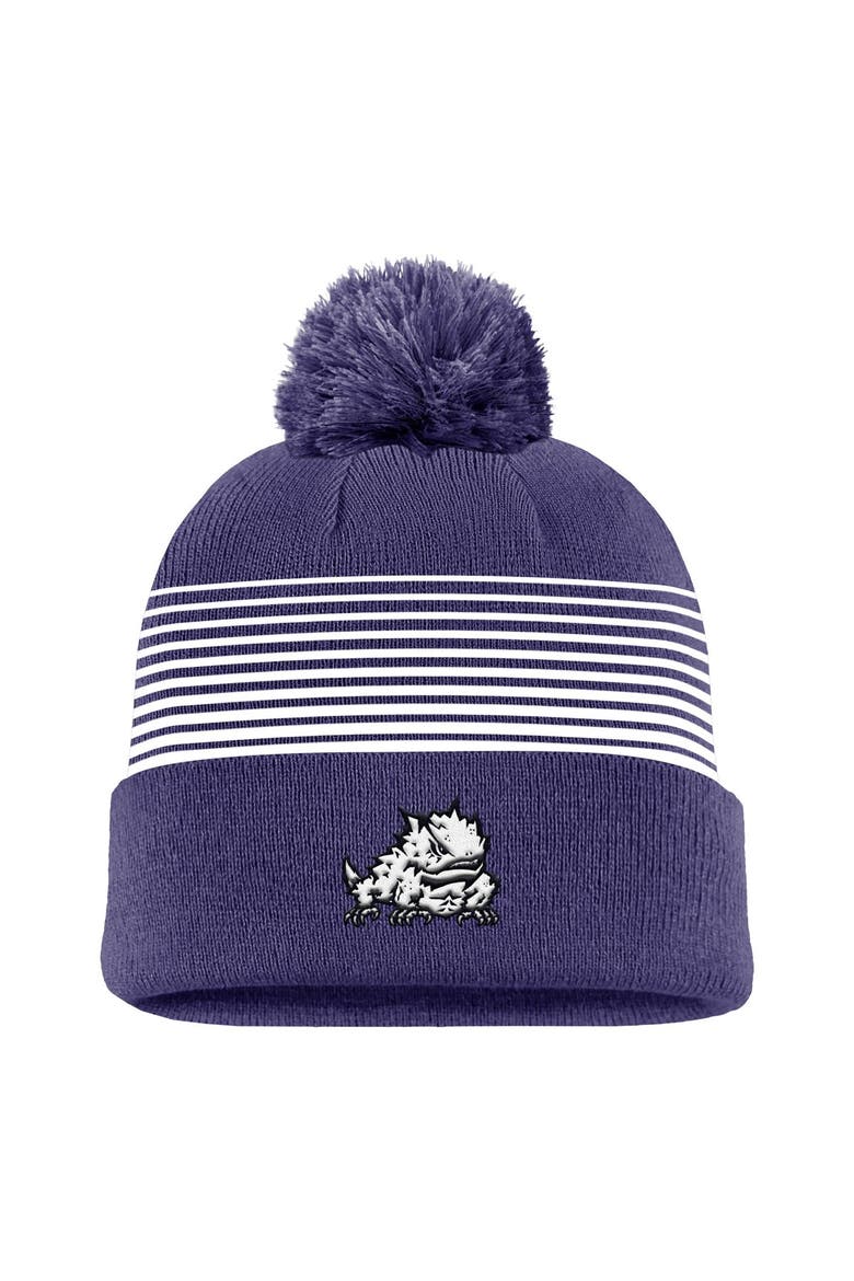 Men's Nike Purple TCU Horned Frogs 2026 On-Field Peak Cuffed Knit Hat with Pom, Main, color, Purple