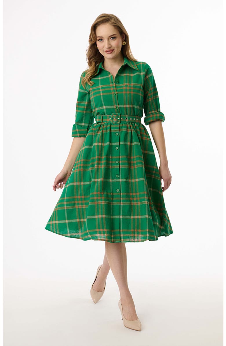 Unique Vintage Long Sleeve Belted Shirt Dress, Main, color, Green Plaid