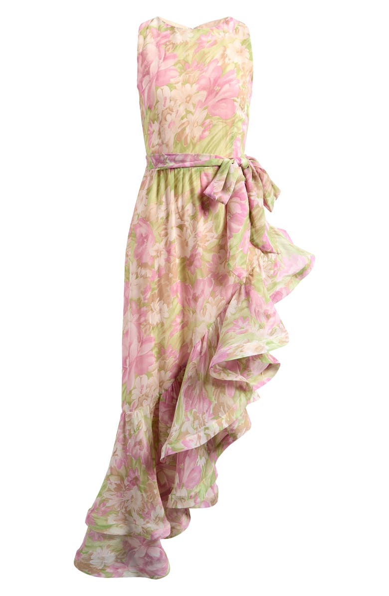 Elliatt Lacinda Ruffle Tie Waist Asymmetric Gown, Alternate, color, Ivory Multi