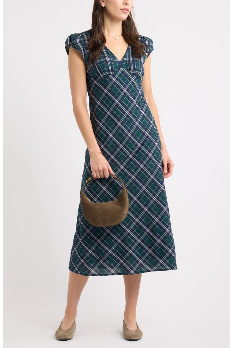 Plaid Cap Sleeve Midi Dress, Main, color, GREEN- NAVY ABBY PLAID