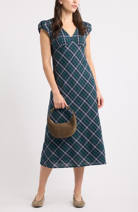 Plaid Cap Sleeve Midi Dress