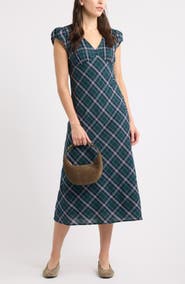 Caslon® Plaid Cap Sleeve Midi Dress