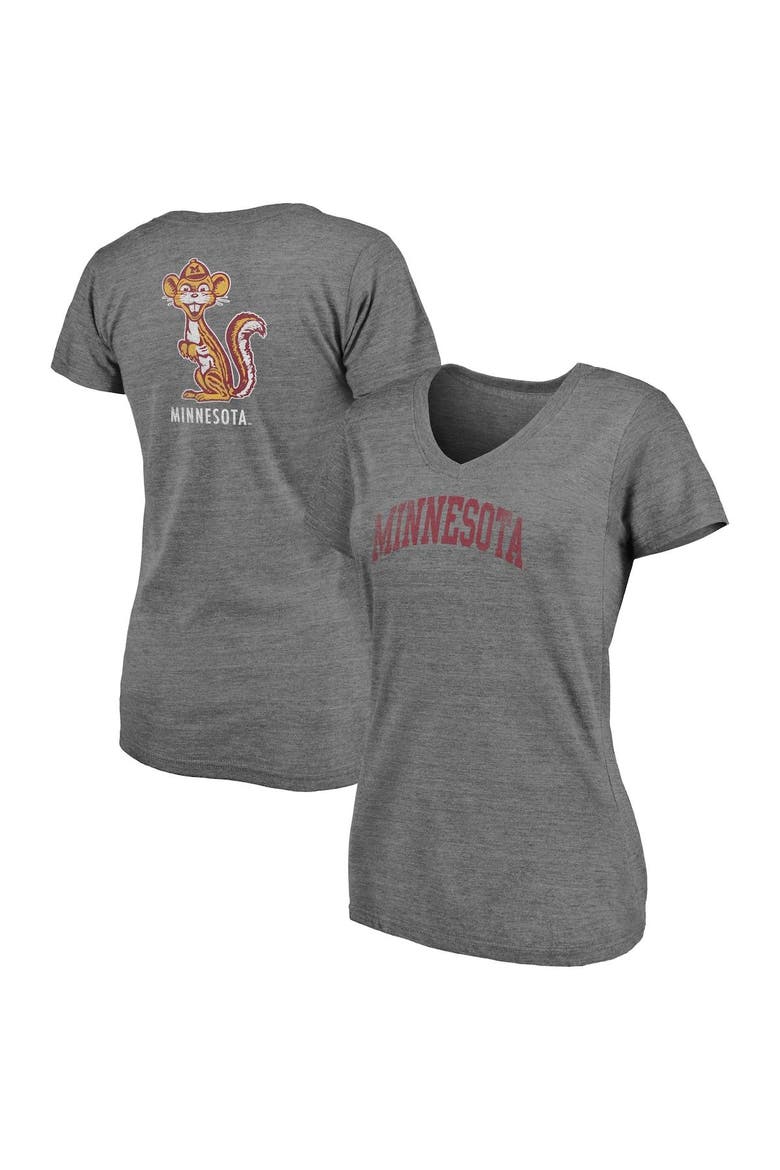 Women's Fanatics Branded Heathered Gray Minnesota Golden Gophers Slab Serif 2-Hit V-Neck Tri-Blend T-Shirt, Main, color, Heather Gray