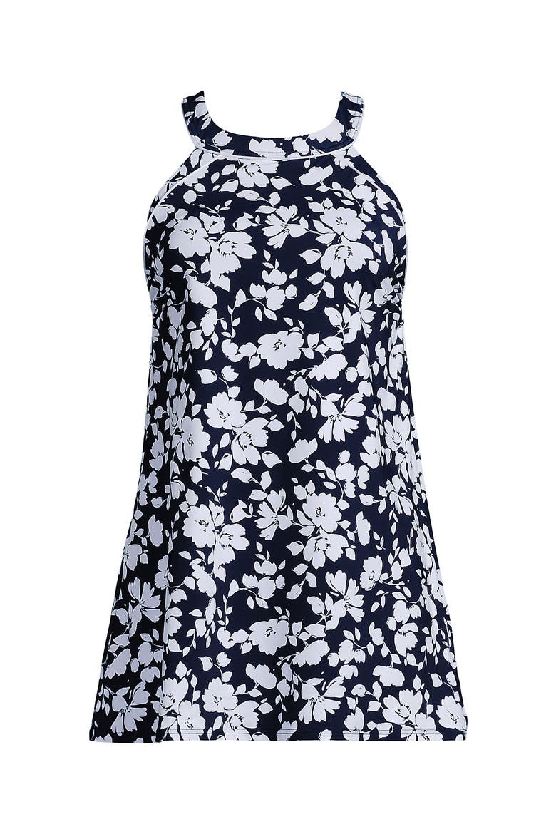 High Neck Swim Dress Swimsuit, Alternate, color, Navy Blossom Floral