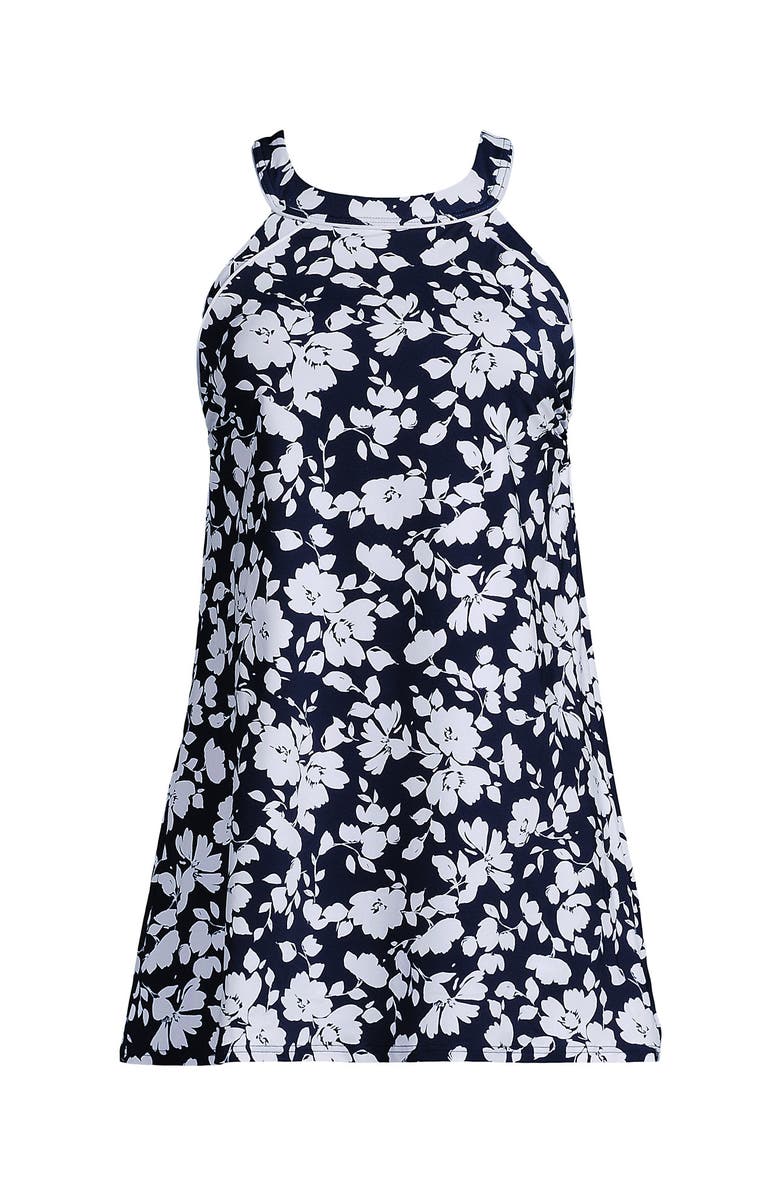 Lands' End High Neck Swim Dress Swimsuit, Alternate, color, Navy Blossom Floral
