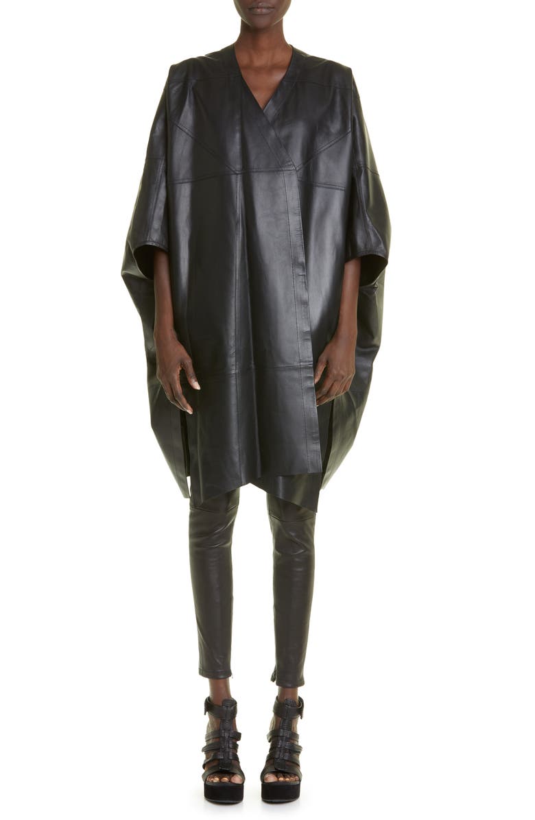 Rick Owens Cape Sleeve Lambskin Leather Peacoat, Main, color,