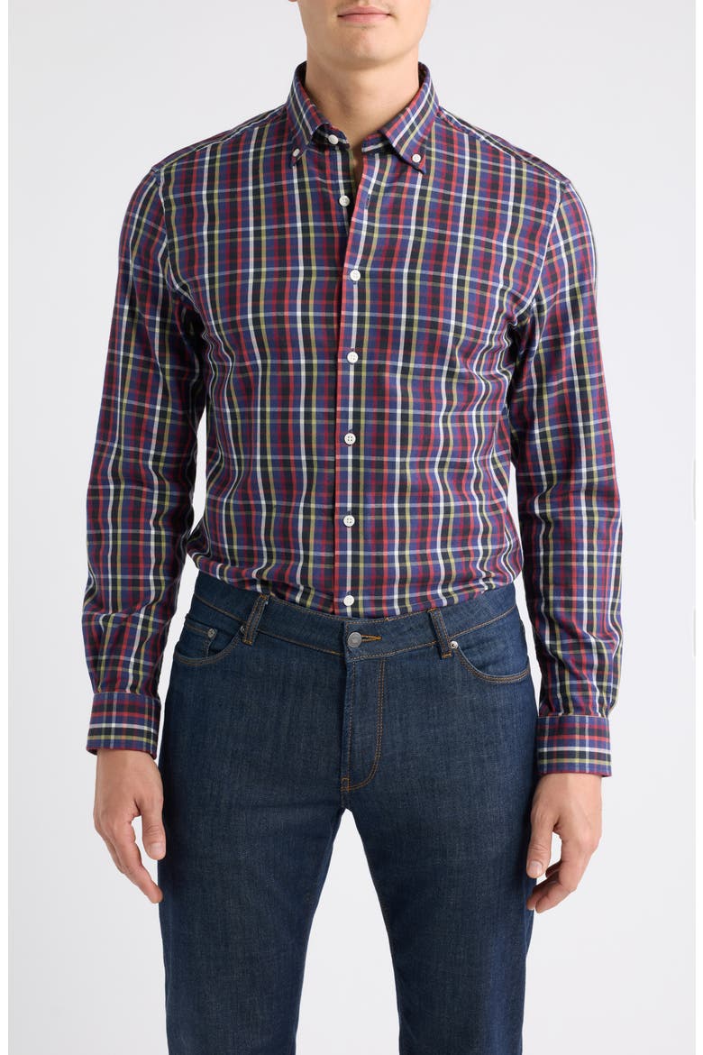 Battery Pane Plaid Performance Button-Down Shirt, Main, color, NAVY