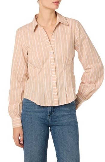 Joe's Stripe Pleated Cotton Button-up Shirt In Tan/white Stripe