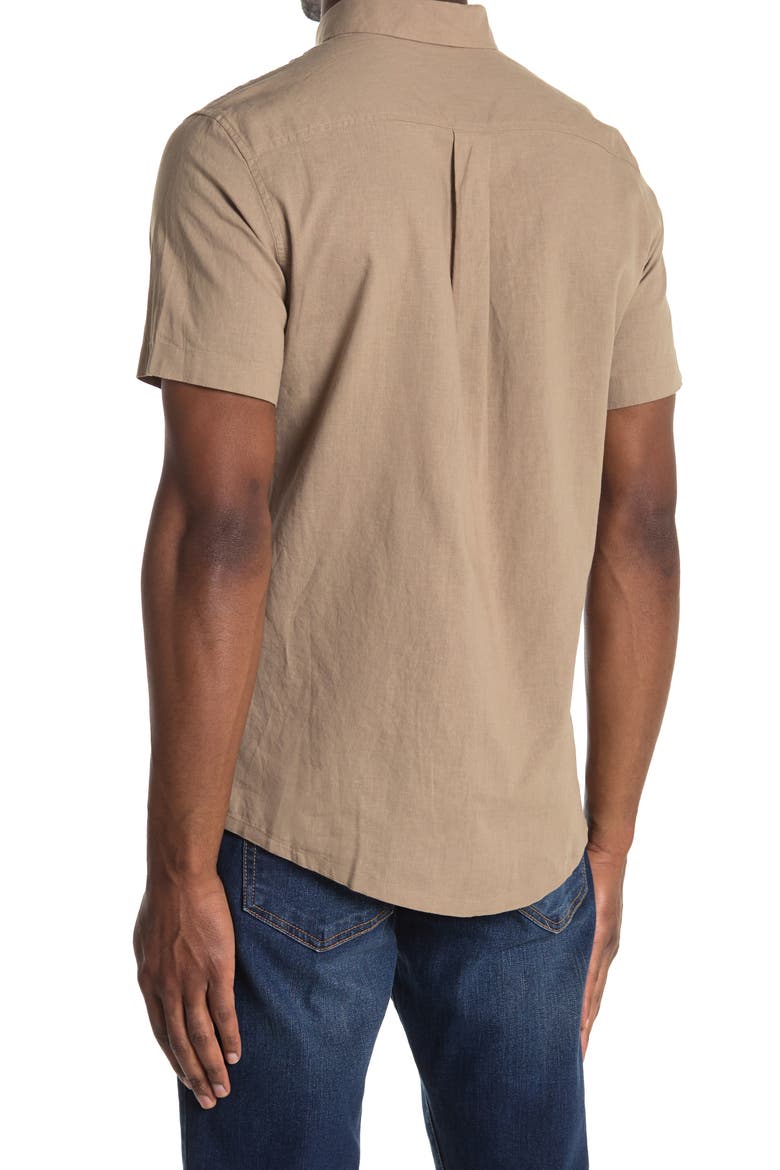 Short Sleeve Woven Trim Fit Linen Blend Shirt, Alternate, color, TAN DESERT